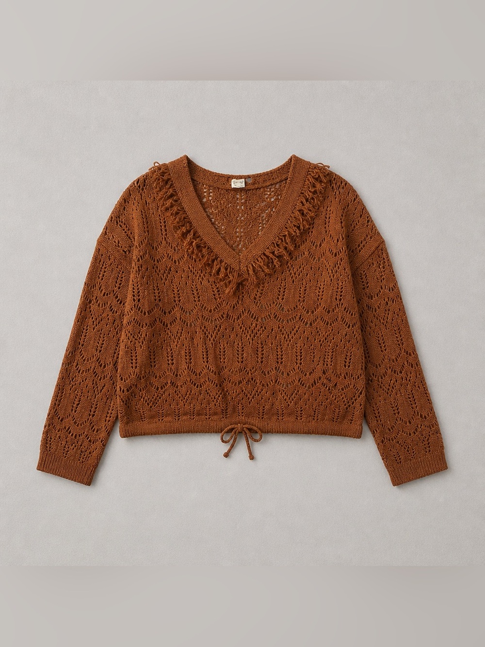 VENUS Crochet Fringe Hooded Pullover Sweater - Brown